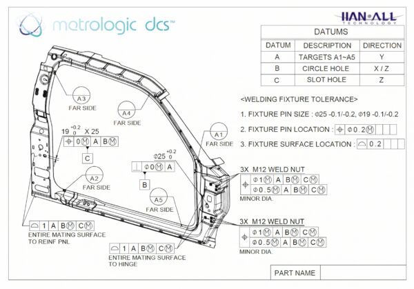 Disegno tecnico 2D tradizionale di un telaio porta con riquadri di tolleranza GD&T, punti di riferimento e tolleranze di attrezzatura