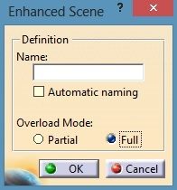 Enhanced Scene dialog box in CATIA V5 showing the naming and overload mode options
