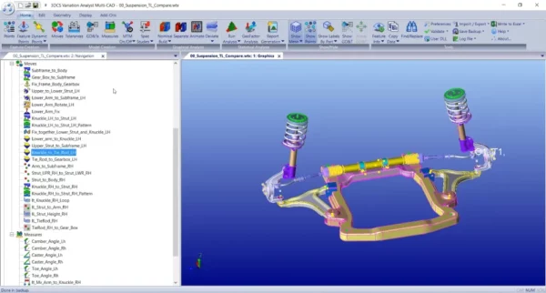 A suspension assembly shown inside 3DCS mechanical variation analysis