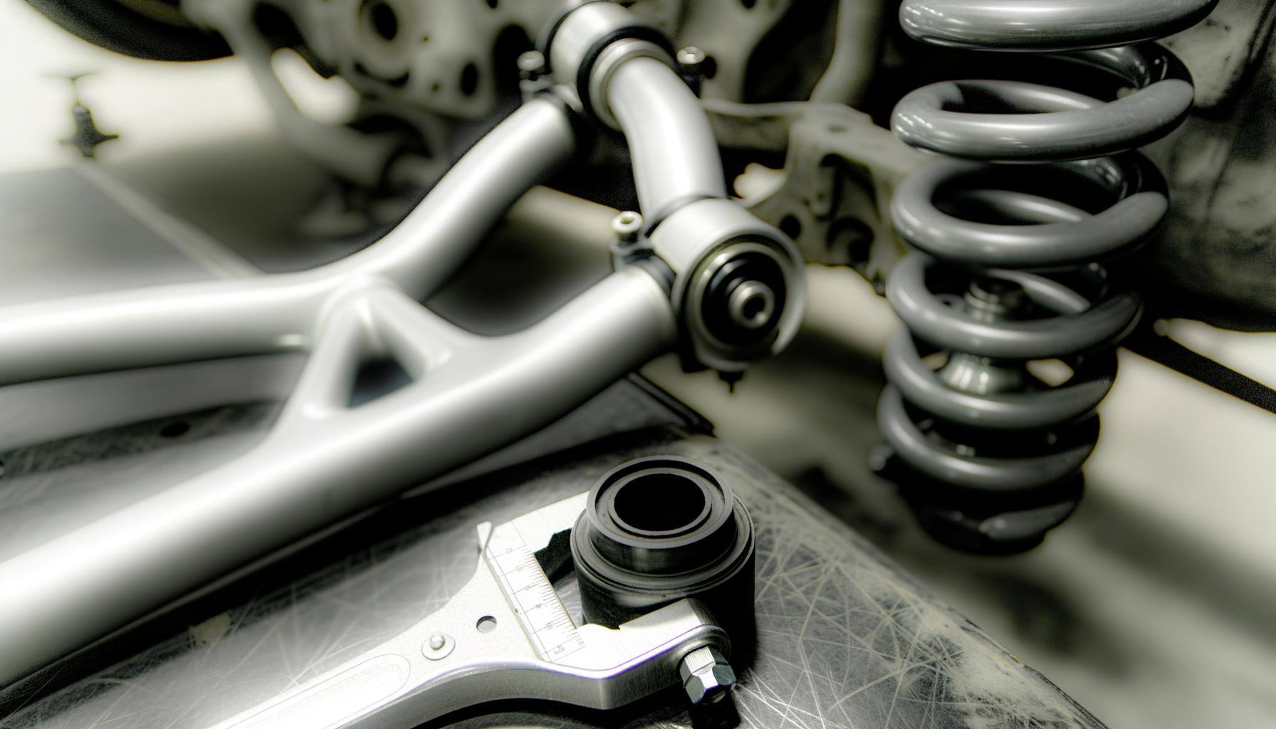 Create an image that depicts a close-up view of a car"s suspension system, featuring components such as control arms, bushings, and linkages. The bush