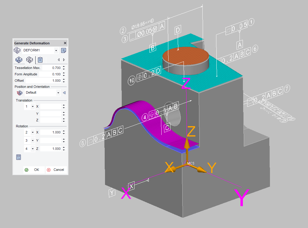 Simulated point cloud generated by Deformation Simulator — GD&T inspection results on part geometry in Metrolog